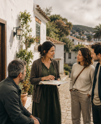 Travelers explaining to local